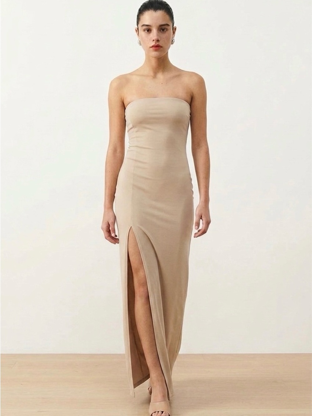 SHEIN Beige Strapless Maxi Dress with Front Slit